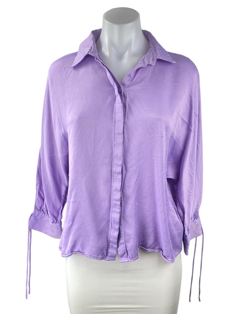 Zara Women's Purple Collared 3/4 Tie Sleeve Button Down Crop Blouse Shirt Top S